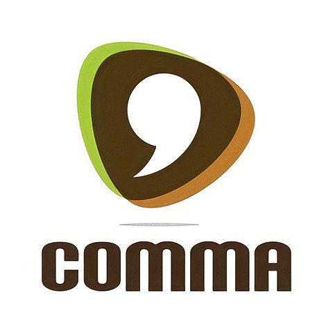 A white comma is in a brown, green, and orange rounded triangle shape. Underneath is the word "comma" in brown type.