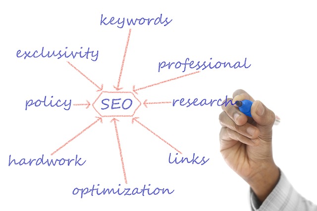 A hand is writing with a blue marker on a clear board a mind map with SEO in the center surrounded by: keywords, professional, research, links, optimization, hard work, policy, exclusivity.