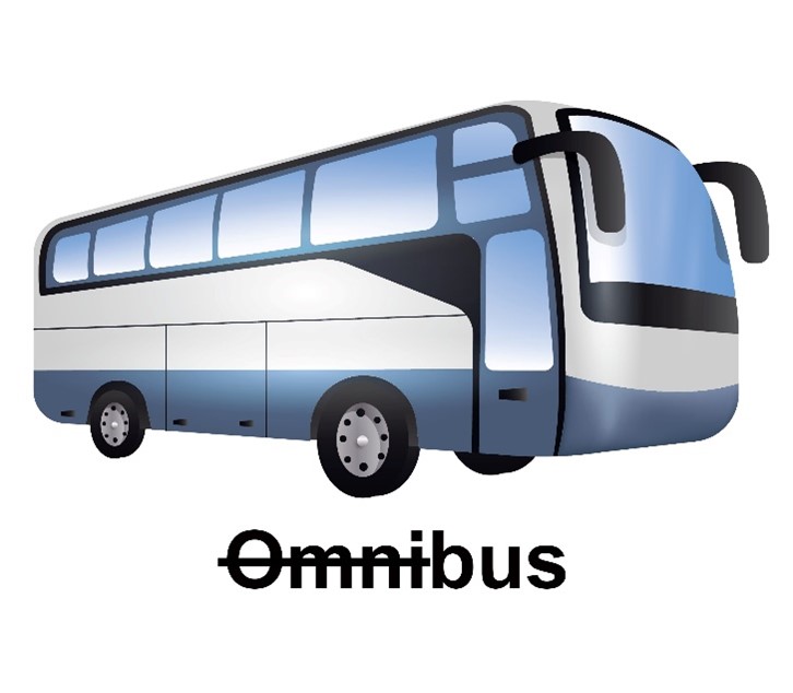 modern white, grey, and black city bus. Word “Omnibus” is underneath, with “Omni” struck out