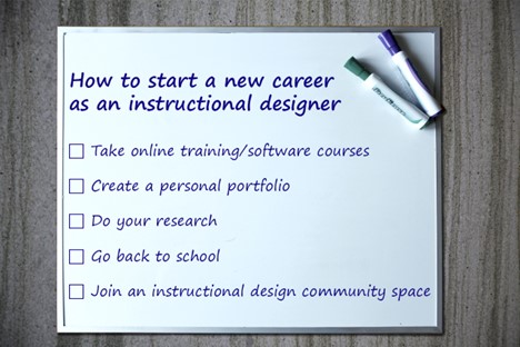 Whiteboard on grey-brown wood background, has green and blue dry erase markers on the side. Written on the whiteboard is: “How to start a new career as an instructional designer,” then a checklist that reads: “Take online training/software courses; Create a personal portfolio; Do your research; Go back to school; Join an instructional design community space