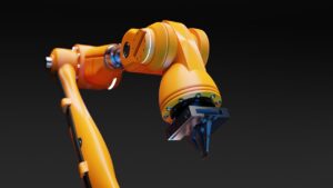 Orange robotic arm against black background