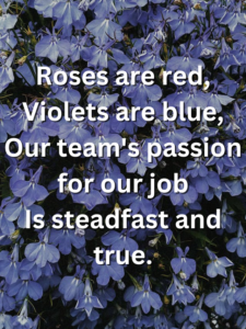 White text on picture of blue violet flowers: Roses are red, Violets are blue, Our team's passion for our job Is steadfast and true.