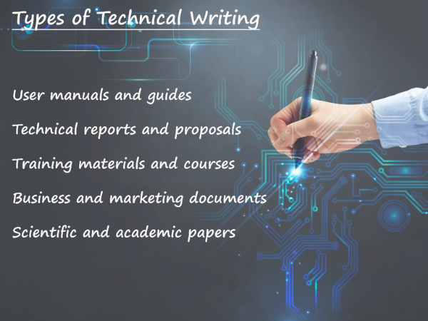 A hand holding a black pen reaches in from the left side. The background is dark grey with a blue circuitry design. The text reads: “Types of Technical Writing: user manuals and guides, technical reports and proposals, training materials and courses, business and marketing documents, scientific and academic papers.”