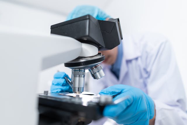 Person wearing white lab coat, and blue PPE looking into a microscope.