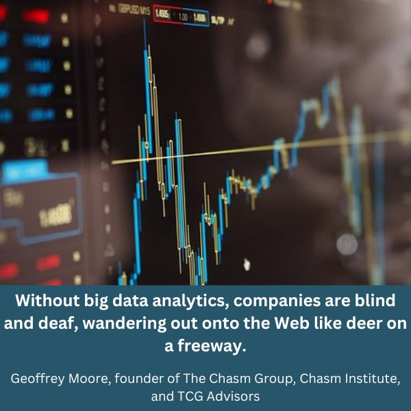 Laptop monitor shoing multi-colored line graph. Text: "Without big data analytics, companies are blind and deaf, wandering out onto the Web like deer on a freeway." Geoffrey Moore, founder of The Chasm Group, Chasm Institute, and TCG Advisors"