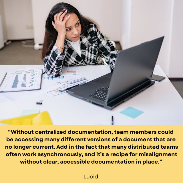Frustrated person working on laptop surrounded by documents. Caption reads: “Without centralized documentation, team members could be accessing many different versions of a document that are no longer current. Add in the fact that many distributed teams often work asynchronously, and it’s a recipe for misalignment without clear, accessible documentation in place.” -Lucid 