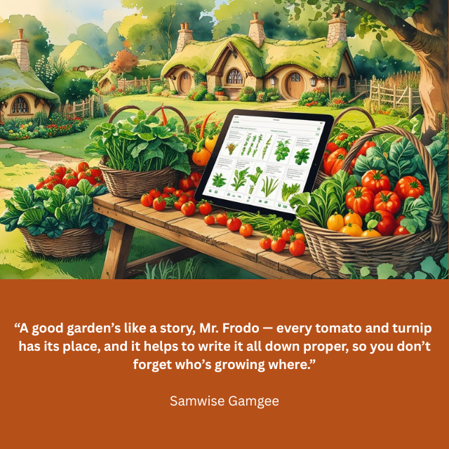 Several baskets full of vegetables sit on a table in the middle of a hobbit village. On the table also sits a digital tablet with a screen showing details about various vegetables. Caption reads: “A good garden’s like a story, Mr. Frodo – every tomato and turnip has its place, and it helps to write it all down proper, so you don’t forget who’s growing where.” -Samwise Gamgee