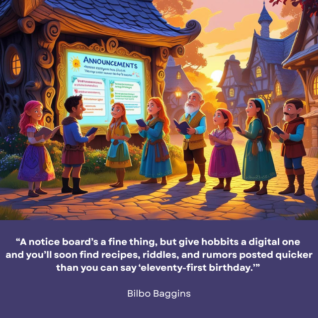 Several hobbits gathered in conversation by a digital Announcements board with a large wood frame. Caption reads: A notice board’s a fine thing, but give hobbits a digital one and you’ll soon find recipes, riddles, and rumors posted quicker than you can say ‘eleventy-first birthday.’” -Bilbo Baggins