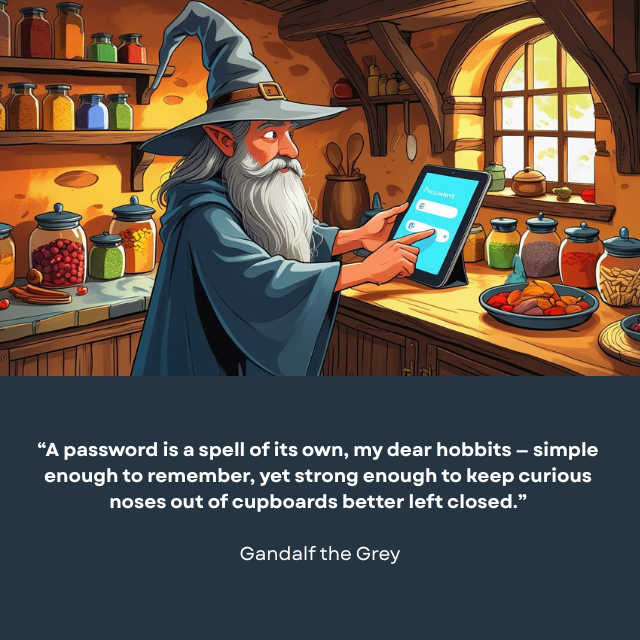 A tall person wearing a grey cloak and pointy hat is in a hobbit’s kitchen while logging into a screen on a digital tablet. Caption reads: “A password is a spell of its own, my dear hobbits – simple enough to remember, yet strong enough to keep curious noses out of cupboards better left closed.” -Gandalf the Grey