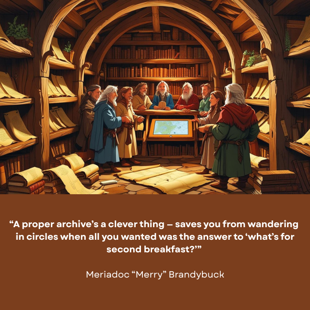 Several people gathered around a digital archive screen in a cozy library full of books and parchment. Caption reads: “A proper archive’s a clever thing – saves you from wandering in circles when al you wanted was the answer to ‘what’s for second breakfast?’” -Meriadoc “Merry” Brandybuck