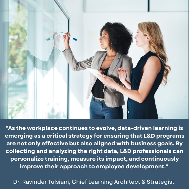 Person holding a screen from which charts and graphs are displayed. Caption reads:"Learning analytics can give L&D managers insights and information that will help determine which topics students may learn best in a social or instructor-led environment. It can also be used to identify areas where individuals may be struggling or may have a different learning style. These insights will give L&D teams the tools they need to better assist learners." -Nolan Hout, VP Marketing, Compunnel Digital and Infopro Learning 