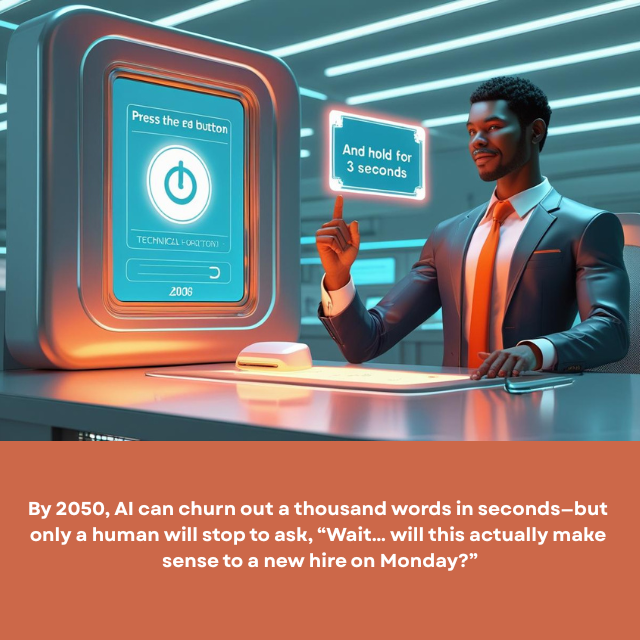 A futuristic workstation showing a holographic “Press the Red Button” guide, with a human editor leaning in to add “and hold for 3 seconds.” Caption reads: “By 2050, AI can churn out a thousand words in seconds – but only a human will stop to ask, ‘Wait…will this actually make sense to a new hire on Monday?’”