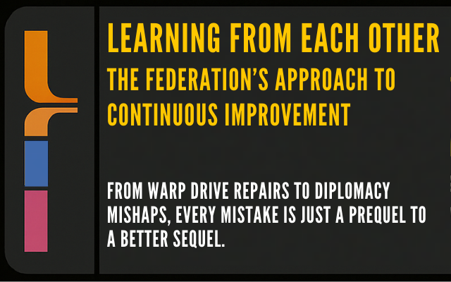 Orange text in a black space with a multi-colored border reminiscent of screens on the USS Enterprise. Text reads: “Learning from each other: The Federation’s approach to continuous improvement. From warp drive repairs to diplomacy mishaps, every mistake is just a prequel to a better sequel.”