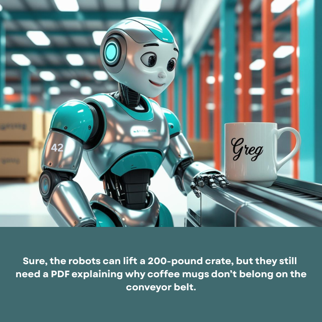 A maintenance robot pauses mid-task, staring at a conveyer belt carrying a single coffee mug labeled “Greg.” Caption reads: “Sure, the robots can lift a 200-pound crate, but they still need a PDF explaining why coffee mugs don’t belong on the conveyer belt.”