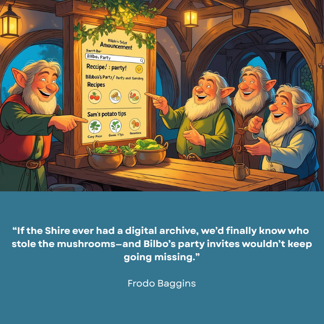 Four hobbits gathering at a pub while looking at the digital archive at the table. Caption reads: “If the Shire ever had a digital archive, we’d finally know who stole the mushrooms – and Bilbo’s party invites wouldn’t keep going missing.” -Frodo Baggins