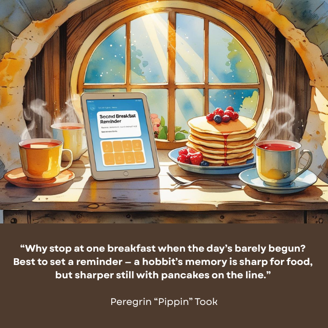 A table in front of a round window, where there is a stack of pancakes and fruit and three mugs of warm drink. On the table is also a digital tablet showing a reminder for second breakfast. Caption reads: Why stop at one breakfast when the day’s barely begun? Best to set a reminder – a hobbit’s memory is sharp for food, but sharper still with pancakes on the line.” -Peregrin “Pippin” Took.
