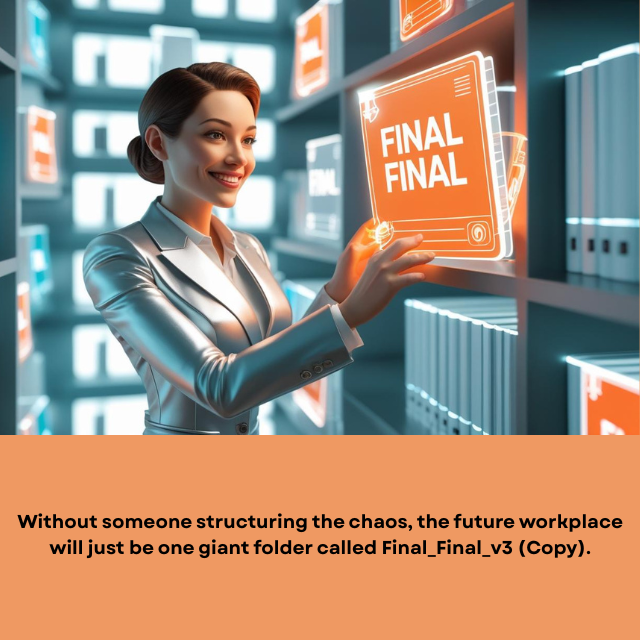 A holographic library of files and data points, with a knowledge manager carefully shelving a glowing “Final Final” folder. Caption reads: “Without someone structuring the chaos, the future workplace will just be one giant folder called ‘Final_Final_v3 (Copy)’.”