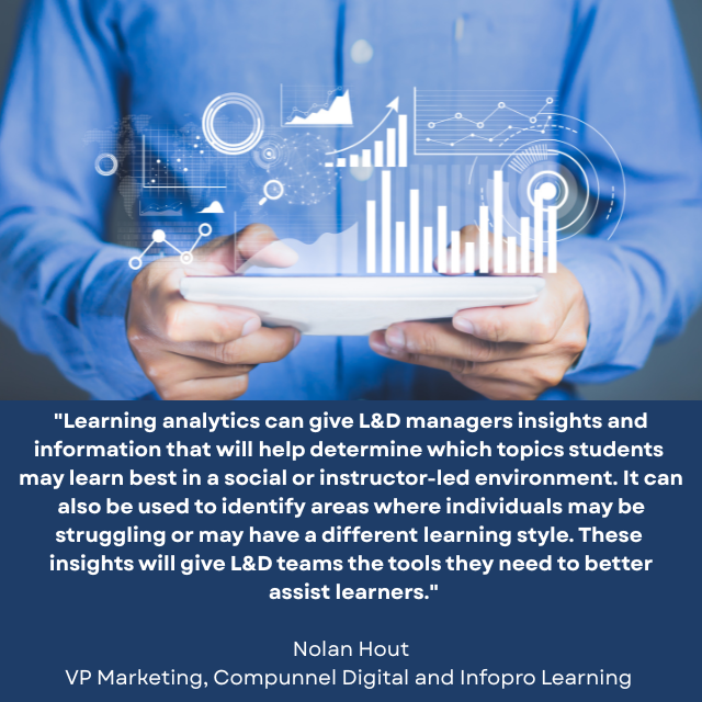  Person holding a screen from which charts and graphs are displayed. Caption reads:"Learning analytics can give L&D managers insights and information that will help determine which topics students may learn best in a social or instructor-led environment. It can also be used to identify areas where individuals may be struggling or may have a different learning style. These insights will give L&D teams the tools they need to better assist learners." -Nolan Hout, VP Marketing, Compunnel Digital and Infopro Learning 