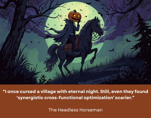 Person wearing a long coat with a pumpkin for a head, riding a large black horse with a large moon in the background. Caption reads: “I once cursed a village with eternal night. Still, even they found ‘synergistic cross-functional optimization’ scarier.” – The Headless Horseman