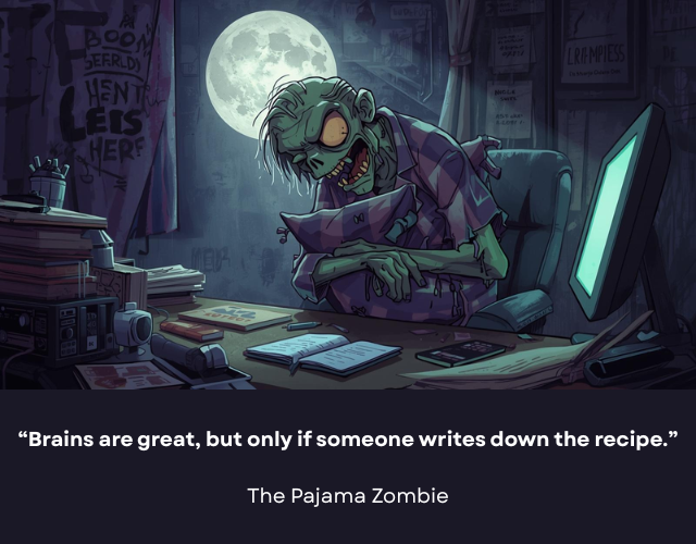 One-eyed green creature wearing striped pajamas sitting at an old desk. Caption reads: “Brains are great, but only if someone writes down the recipe.” – The Pajama Zombie