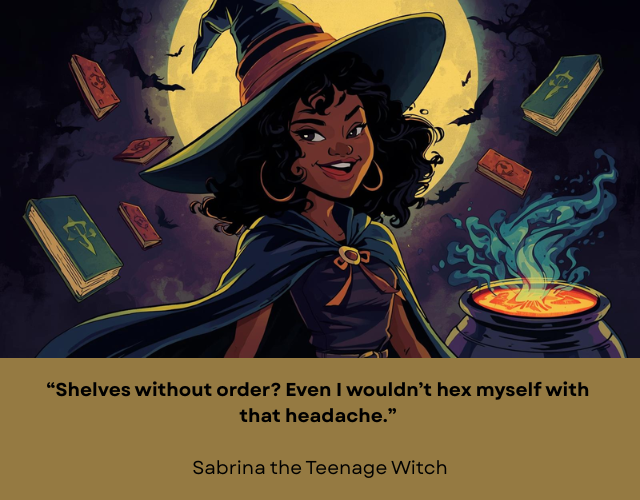 Smiling young person wearing a cap and tall pointy hat, standing next to a bubbling cauldron. Caption reads: “Shelves without order? Even I wouldn’t hex myself with that headache.” – Sabrina the Teenage Witch