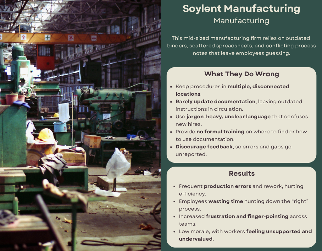 Manufacturing floor full of green machinery. Caption reads: This mid-sized manufacturing firm relies on outdated binders, scattered spreadsheets, and conflicting process notes that leave employees guessing. What they do wrong: Keep procedures in multiple, disconnected locations. Rarely update documentation, leaving outdated instructions in circulation. Use jargon-heavy, unclear language that confuses new hires. Provide no formal training on where to find or how to use documentation. Discourage feedback, so errors and gaps go unreported. Results: Frequent production errors and rework, hurting efficiency. Employees wasting time hunting down the “right” process. Increased frustration and finger-pointing across teams. Low morale, with workers feeling unsupported and undervalued.”