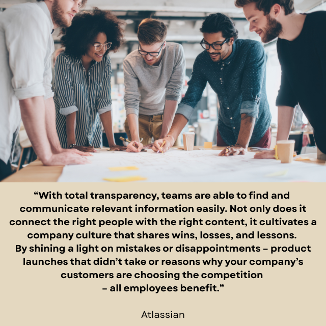 Five diverse smiling people gathered around a table working on a project. Caption reads: “With total transparency, teams are able to find and communicate relevant information easily. Not only does it connect the right people with the right content, it cultivates a company culture that shares wins, losses, and lessons. By shining a light on mistakes or disappointments – product launches that didn’t take or reasons why your company’s customers are choosing the competition – all employees benefit” -Atlassian