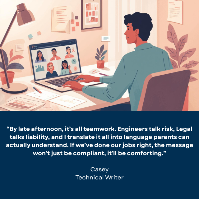 Person sitting at a desk while in an online meeting. Caption reads: “By late afternoon, it’s all teamwork. Engineers talk risk, Legal talks liability, and I translate it all into language parents can actually understand. If we’ve done our jobs right, the message won’t just be compliant, it’ll be comforting.” – Casey, Technical Writer