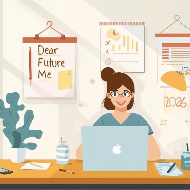 Smiling person working on a laptop, with a sign behind them reading "Dear Future Me."