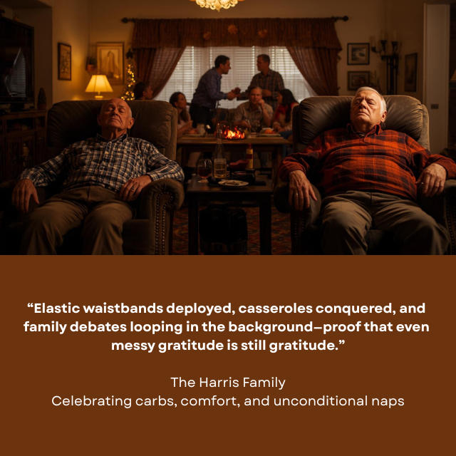 Two older men sleeping in old recliners while an argument breaks out at the dinner table behind them. Caption reads: Elastic waistbands deployed, casseroles conquered, and family debates looping in the background – proof that even messy gratitude is still gratitude.” -The Harris Family, celebrating carbs, comfort, and unconditional naps