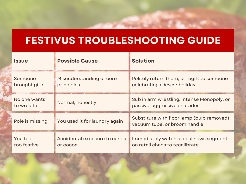Chart of troubleshooting tips. The background is a sliced meatloaf on a bed of lettuce. Chart reads: “Issue: Someone brought gifts. Possible Cause: Misunderstanding of core principles. Solution: Politely return them, or regift to someone celebrating a lesser holiday. Issue: No one wants to wrestle. Possible Cause: Normal, honestly. Solution: Sub in arm wrestling, intense Monopoly, or passive-aggressive charades. Issue: Pole is missing. Possible cause: You used it for laundry, again. Solution: Substitute with floor lamp (bulb removed), vacuum tube, or broom handle. Issue: You feel too festive. Possible Cause: Accidental exposure to carols or cocoa. Solution: Immediately watch a local news segment on retail chaos to calibrate .”
