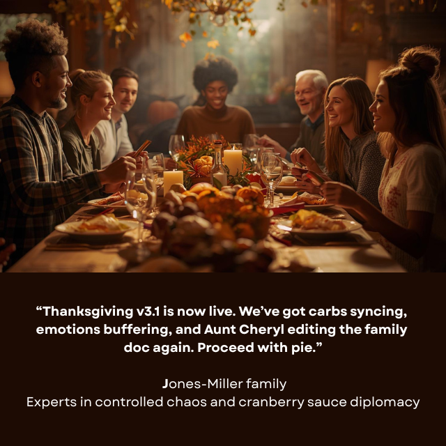 Smiling people of various backgrounds sitting around a table full of food. Caption reads: “Thanksgiving v3.1 is now live. We’ve got carbs syncing, emotions buffering, and Aunt Cheryl editing the family doc again. Proceed with pie.” -Jones-Miller family, Experts in controlled chaos and cranberry sauce diplomacy