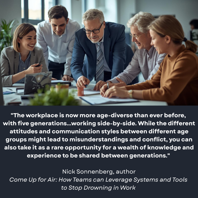 People of various ages in a meeting looking at papers. Caption reads: "The workplace is now more age-diverse than ever before, with five generations...working side-by-side. This age diversity among employees can be seen as both a blessing and a curse. While the different attitudes and communication styles between different age groups might lead to misunderstandings and conflict, you can also take it as a rare opportunity for a wealth of knowledge and experience to be shared between generations." -Nick Sonnenberg, author, Come Up for Air: How Teams can Leverage System and Tools to Stop Drowning in Work