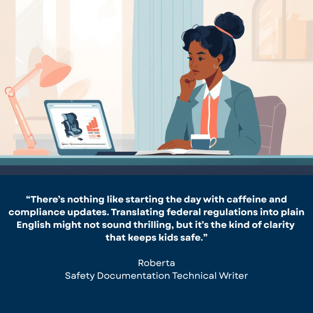 Person looking pensively at car seat illustration and details on computer. Caption reads: “There’s nothing like starting the day with caffeine and compliance updates. Translating federal regulations into plain English might not sound thrilling, but it’s the kind of clarity that keeps kids safe.” -Roberta, Safety Documentation Technical Writer