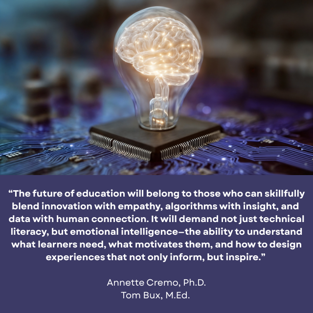 Lightbulb with a lighted brain in it connected to a motherboard. Caption reads: “The future of education will belong to those who can skillfully blend innovation with empathy, algorithms with insight, and data with human connection. It will demand not just technical literacy, but emotional intelligence—the ability to understand what learners need, what motivates them, and how to design experiences that not only inform, but inspire. This isn’t about choosing between tech and touch; it’s about fusing the two to meet the evolving expectations of modern learners.” -Annette Cremo, Ph.D., Tom Bux, M.Ed.