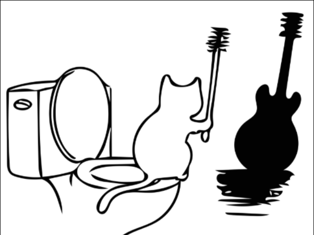 Cat holding a bathroom scrubber while making the shadow of a guitar on the wall.