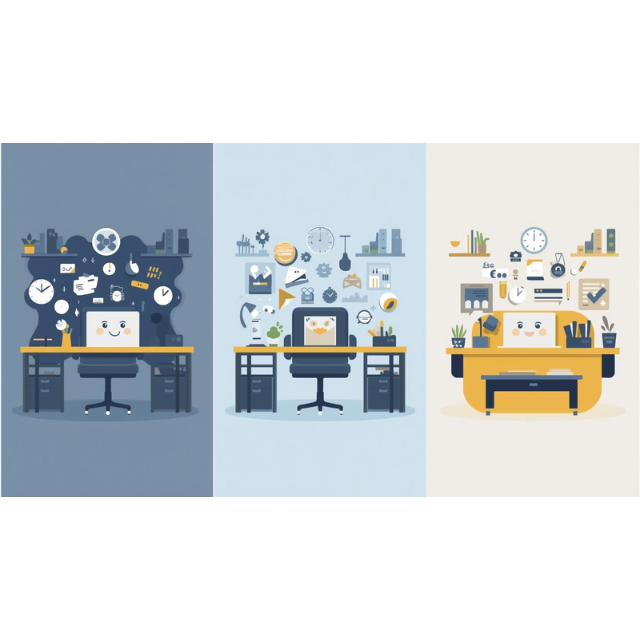 Views of three organized desks and computers, permanent office, hybrid office, and home office.