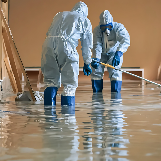 Two people in white PPE suits and blue boots and gloves standing in knee-deep water inside a building.