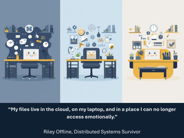 Views of three organized desks and computers, permanent office, hybrid office, and home office. Caption reads: “My files live in the cloud, on my laptop, and in a place I can no longer access emotionally.”— Riley Offline, Distributed Systems Survivor