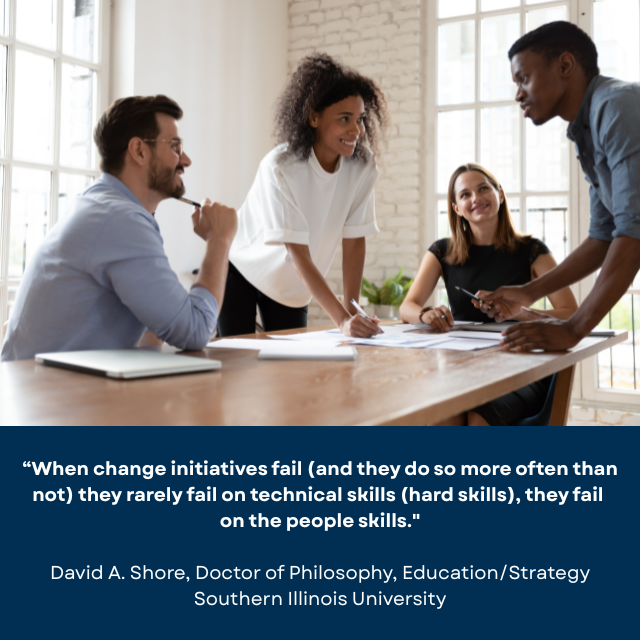 Group of smiling and talking people sitting and standing around a desk. Caption reads: “When change initiatives fail (and they do so, more often than not) they rarely fail on technical skills (hard skills), they fail on the people skills." -David A. Shore, Doctor of Philosophy, Education/Strategy, Southern Illinois University 