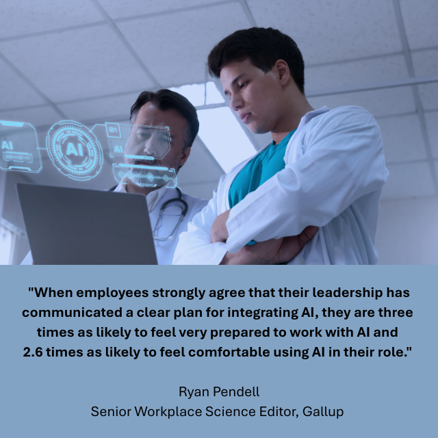 Two healthcare workers using AI on a laptop. Caption reads: "When employees strongly agree that their leadership has communicated a clear plan for integrating AI, they are three times as likely to feel very prepared to work with AI and 2.6 times as likely to feel comfortable using AI in their role." -Ryan Pendell, Senior Workplace Science Editor, Gallup 