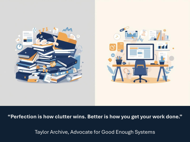 One side shows stacks of books and files on a computer desk, the nest shows organized files and charts on a computer desk. Caption reads: “Perfection is how clutter wins. Better is how you get your work done.” — Taylor Archive, Advocate for ‘Good Enough’ Systems