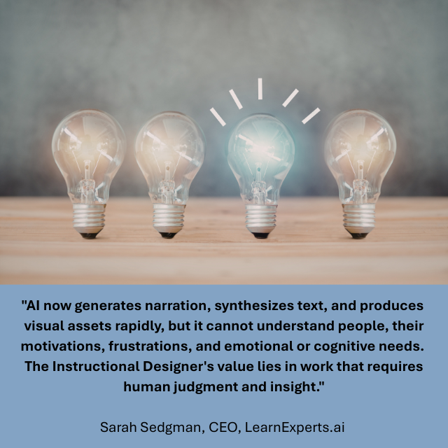 Four lit lightbulbs in a row, with one having a blue tint. Caption reads: "AI now generates narration, synthesizes text, and produces visual assets rapidly, but it cannot understand people, their motivations, frustrations, and emotional or cognitive needs. The Instructional Designer's value lies in work that requires human judgment and insight."-Sarah Sedgman, CEO, LearnExperts.ai 