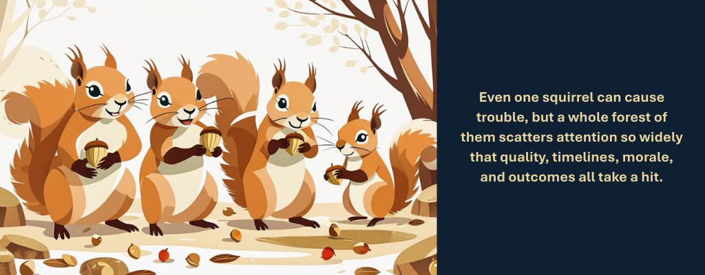 Several squirrels holding acorns in the forest. Caption reads: “Even one squirrel can cause trouble, but a whole forest of them scatters attention so widely that quality, timelines, morale, and outcomes all take a hit.”