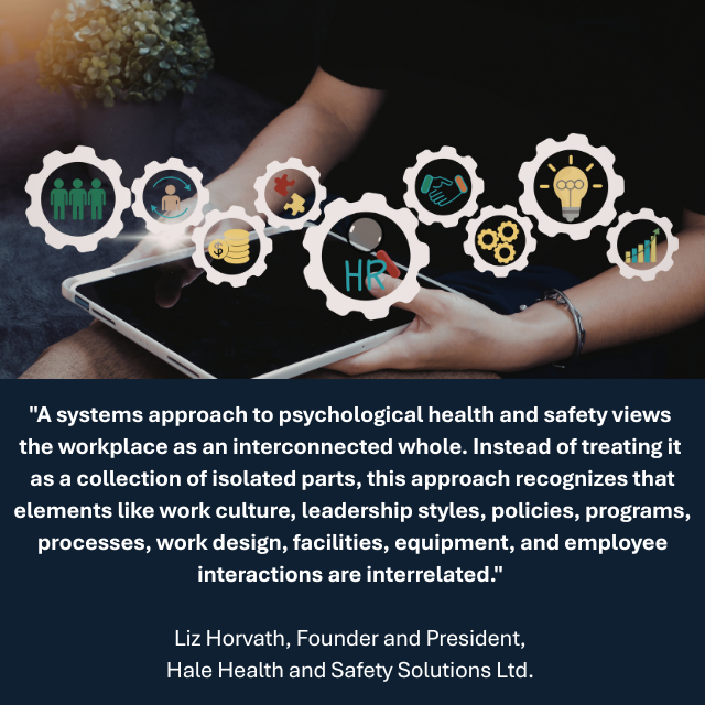 Interlocking gears with various symbols inside them, such as a group of people, coins, handshake, and a lightbulb. Caption reads:"A systems approach to psychological health and safety views the workplace as an interconnected whole. Instead of treating it as a collection of isolated parts, this approach recognizes that elements like work culture, leadership styles, policies, programs, processes, work design, facilities, equipment, and employee interactions are interrelated." -Liz Horvath, Founder and President, Hale Health and Safety Solutions Ltd. 