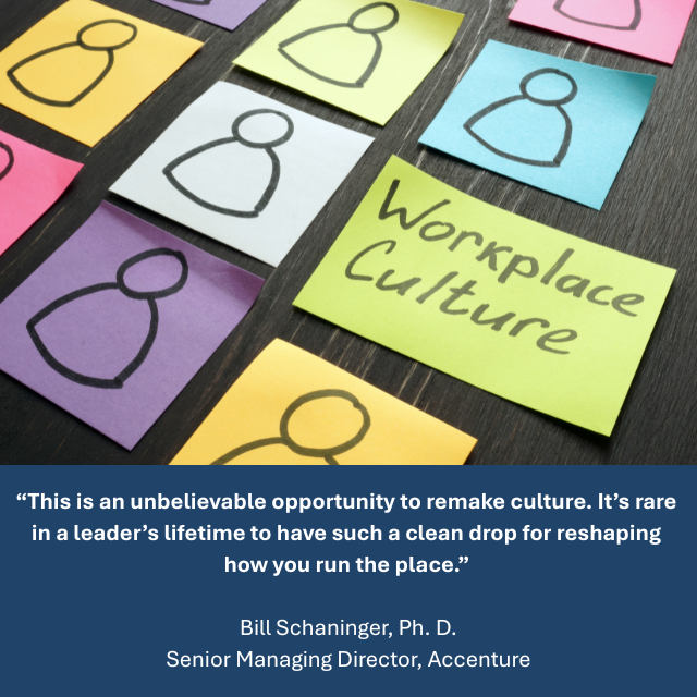 Several sticky notes of different colors with a person silhouette drawn on each, plus one that reads, “Workplace Culture.” Caption reads: “This is an unbelievable opportunity to remake culture. It’s rare in a leader’s lifetime to have such a clean drop for reshaping how you run the place.” -Bill Schaninger, Ph. D., Senior Managing Director, Accenture 