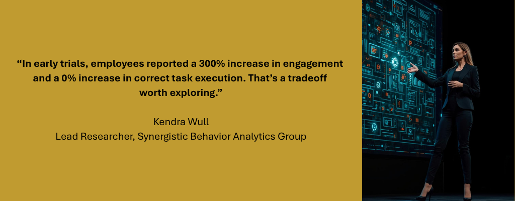 Person in a business suit giving a presentation in front of a large screen that has blue icons and digital charts all over it. Caption reads: “In early trials, employees reported a 300% increase in engagement and a 0% increase in correct task execution. That’s a tradeoff worth exploring.” — Kendra Wull, Lead Researcher, Synergistic Behavior Analytics Group
