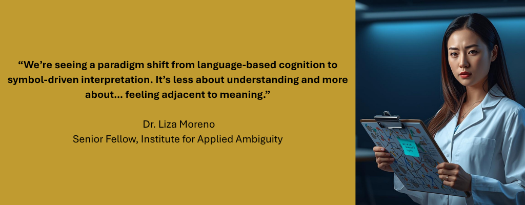 Serious-looking person in a white lab coat, holding documents with arrows and charts combined in a way that makes no sense. Caption reads: “We’re seeing a paradigm shift from language-based cognition to symbol-driven interpretation. It’s less about understanding and more about… feeling adjacent to meaning.” — Dr. Liza Moreno, Senior Fellow, Institute for Applied Ambiguity