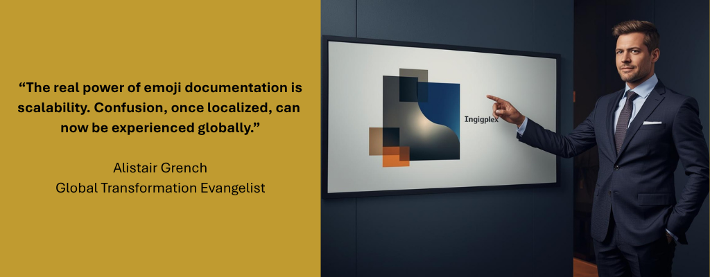 Person in a suit standing by and pointing at a wall monitor with nonsensical graphics and the nonsense word "Ingigplex." Caption reads: “The real power of emoji documentation is scalability. Confusion, once localized, can now be experienced globally.” — Alistair Grench, Global Transformation Evangelist