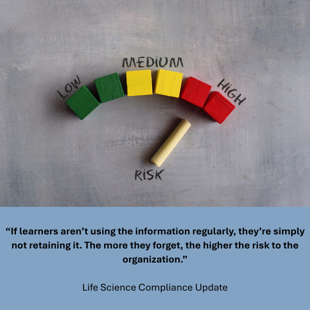 : A visual risk meter made of colored wooden blocks arranged in an arc from green (low) to yellow (medium) to red (high), labeled “LOW,” “MEDIUM,” and “HIGH,” with a pointer below labeled “RISK.” Caption reads: “If learners aren’t using the information regularly, they’re simply not retaining it. The more they forget, the higher the risk to the organization.” -Life Science Compliance Update 